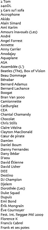 2 Tom
240DL
3 Gars Su’l Sofa
Accrophone
AKido
Alain Simard
Ami Karim
André
Angel Forrest
Annette
Anny Carrier
ASA
Anodajay
Bénabar
Bernard Lachance
Boogat
Boukane
Bran Van 3000
CatBurglaz
Catherine Major
CEA
Chantal Chamandy
Chocolat
Chris Stills
Chris Velan
Claire Vezina
Clayton Macdonald
Coeur de Pirate
Damien
Daniel Boum
Dany Bédar
Danny Fernandes
David Etienne
David Usher
DEE
DJ Champion
Dupuis
Duke Squad
Emi Bond
Erik Mongrain
Eve Cournoyer
Francis Cabrel
Frank et ses potes
Gage 
Gérald Genty
