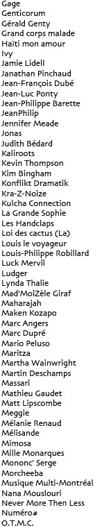 Ivy 
Jamie Lidell
JeanPhilip
Jean Leloup
Jean-François Dubé
Jean-Luc Ponty
Jean-Philippe Barrette
Jennifer Meade
Jonas
Jonathan Painchaud
Jordane
Kaliroots
Karl Wolf
Kevin Thompson
Kim Bingham
Konflit Dramatik
Kra-Z-Noize
Kulcha Connection
L’Assemblée
Les Amours Inavouées
Les Dorothée...
Les Handclaps
Les Porn Flakes
Les Respectables
Les Truites Bioniques
Les Westerners
Loft Story (l’album)
Louis et le Voyageur
Luck Mervil
Ludger
Maharajah
Maken Kozapo
Marc Angers
Marc Dupré
Mario Peluso
Maritza
Martha Wainwright
Martin Deschamps
Massari
Mathieu Gaudet
Meggie
Mélanie Renaud
Mimosa
Mononc’ Serge 
Morcheeba
Never More Than Less

